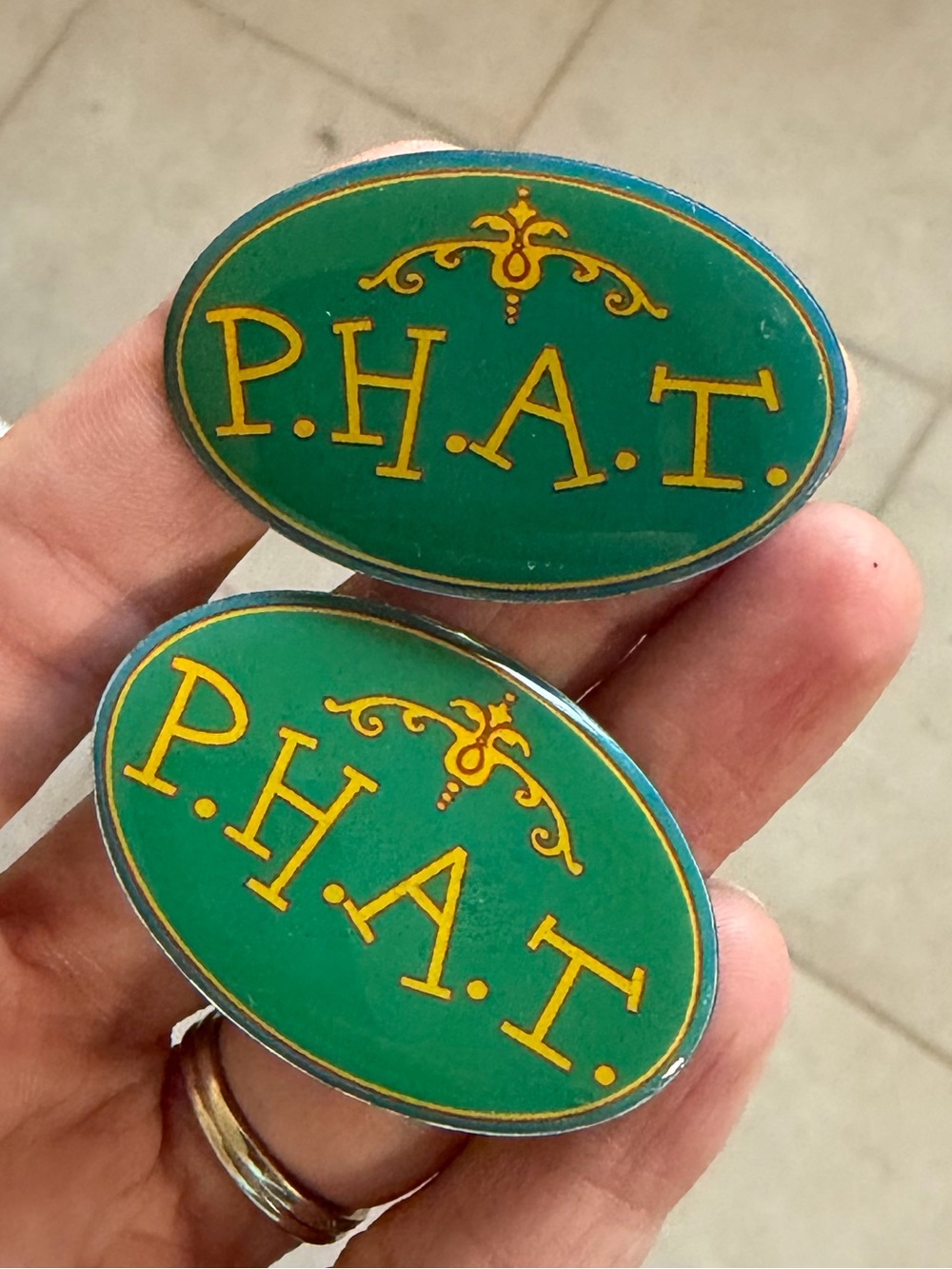 Vintage Green Oval pins that say P.H.A.T.- Pack of 2